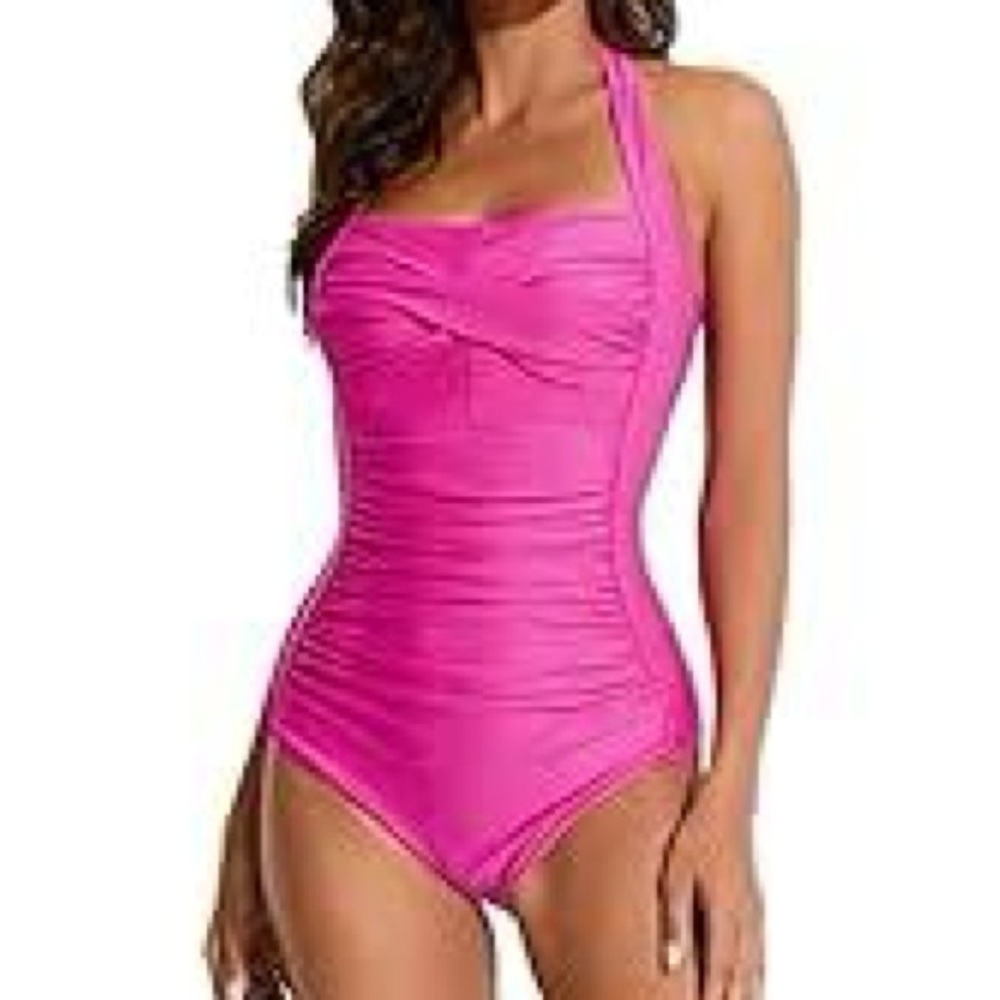 NWT Smismivo Tummy Control Pink One Piece Halter Resort Swimsuit Size Large
